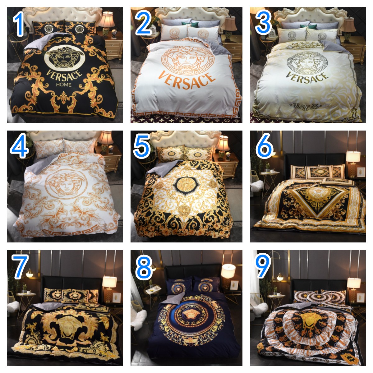 Versace ヴェルサーチ　掛け布団カバーセット4点　ダブルサイズ/キングサイズベッド　綿生地ベッドカバー　新居寝具用品　選べる9種