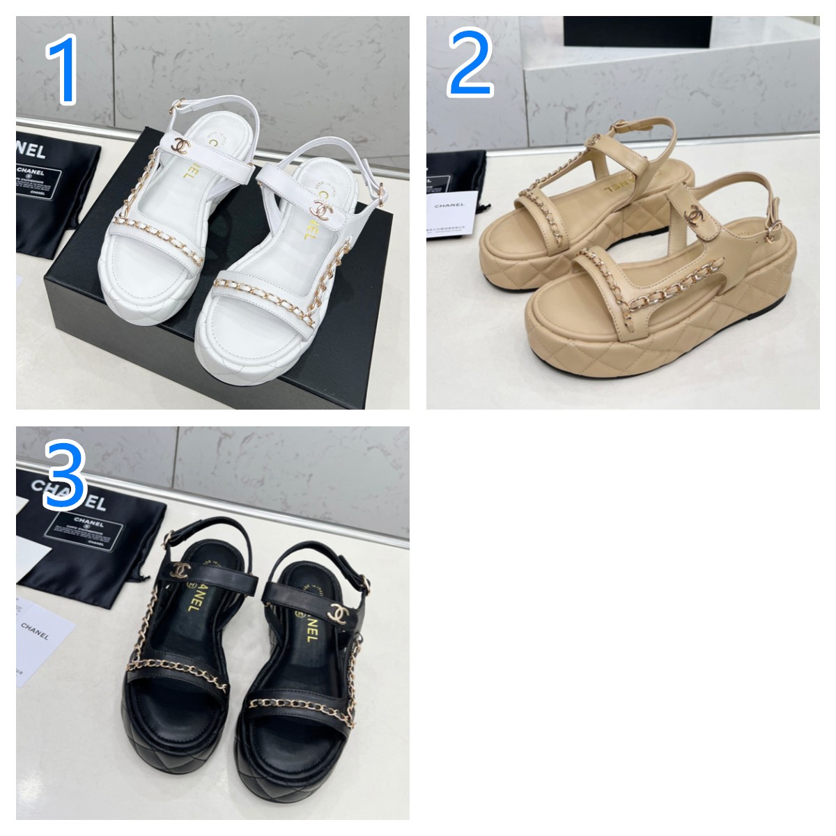 チェーンが可愛い　CHANEL　シャネル　サンダル　レディースシューズ　ソールのマトラッセ柄　外履き　おしゃれ厚底　選べる3色
