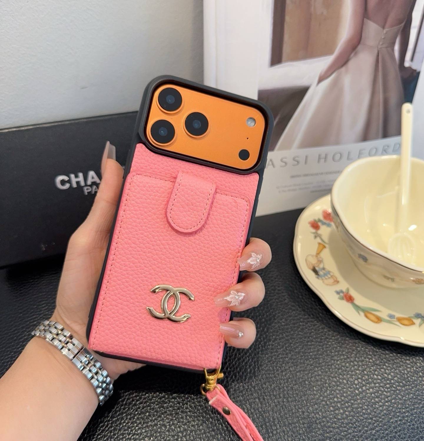 CHANEL シャネル カードケース 手帳型 マグネット 銀ロゴ ピンク ブラック - 画像 2