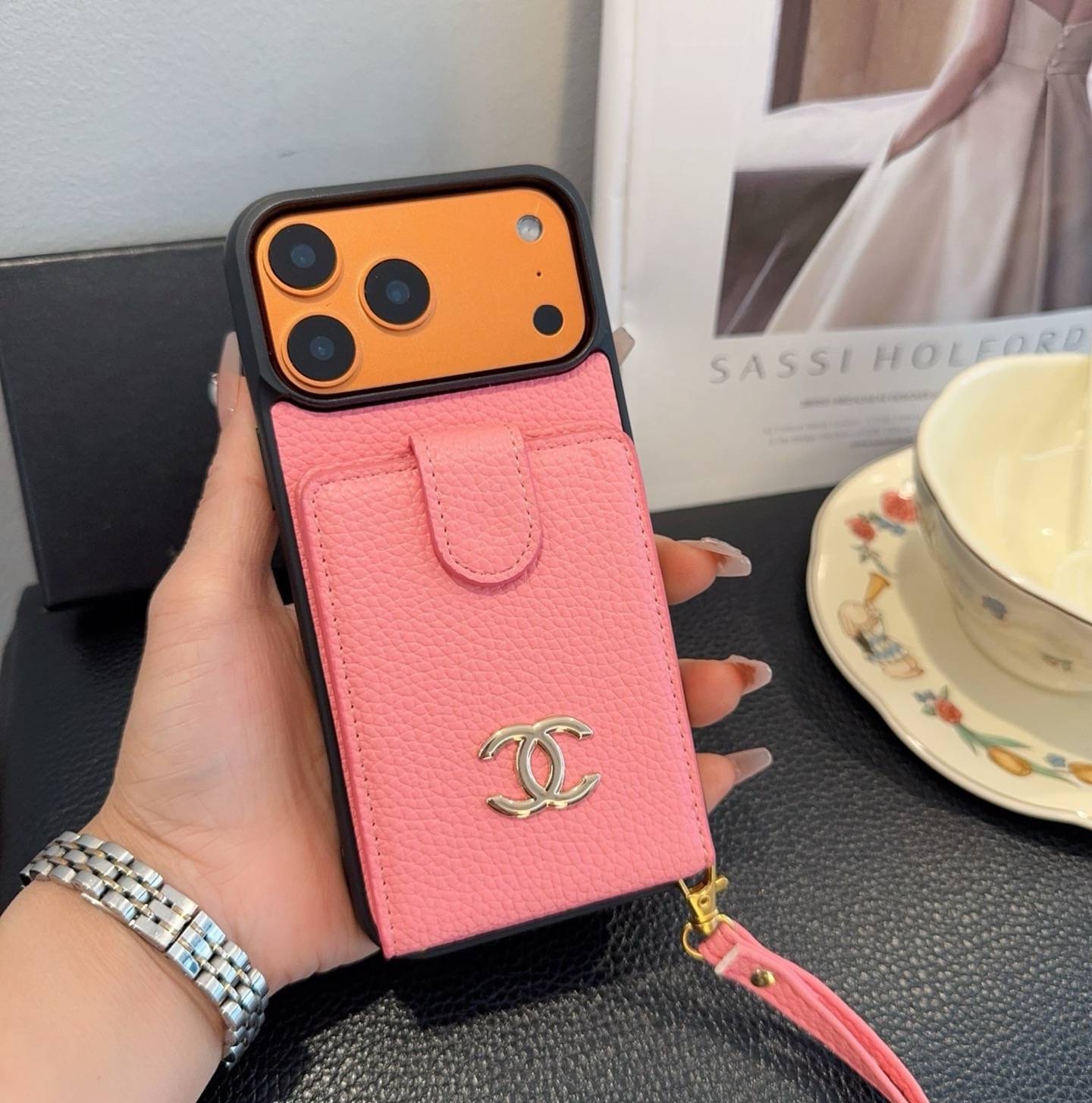 CHANEL シャネル カードケース 手帳型 マグネット 銀ロゴ ピンク ブラック - 画像 3