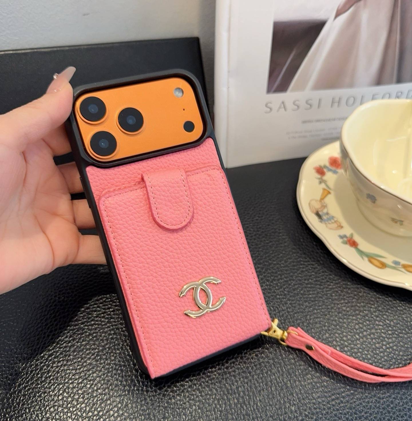 CHANEL シャネル カードケース 手帳型 マグネット 銀ロゴ ピンク ブラック - 画像 4