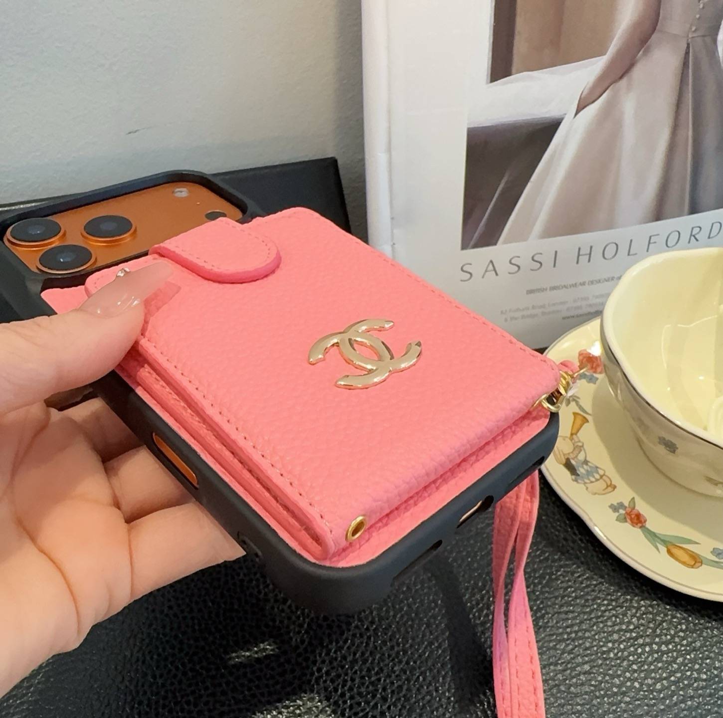 CHANEL シャネル カードケース 手帳型 マグネット 銀ロゴ ピンク ブラック - 画像 5