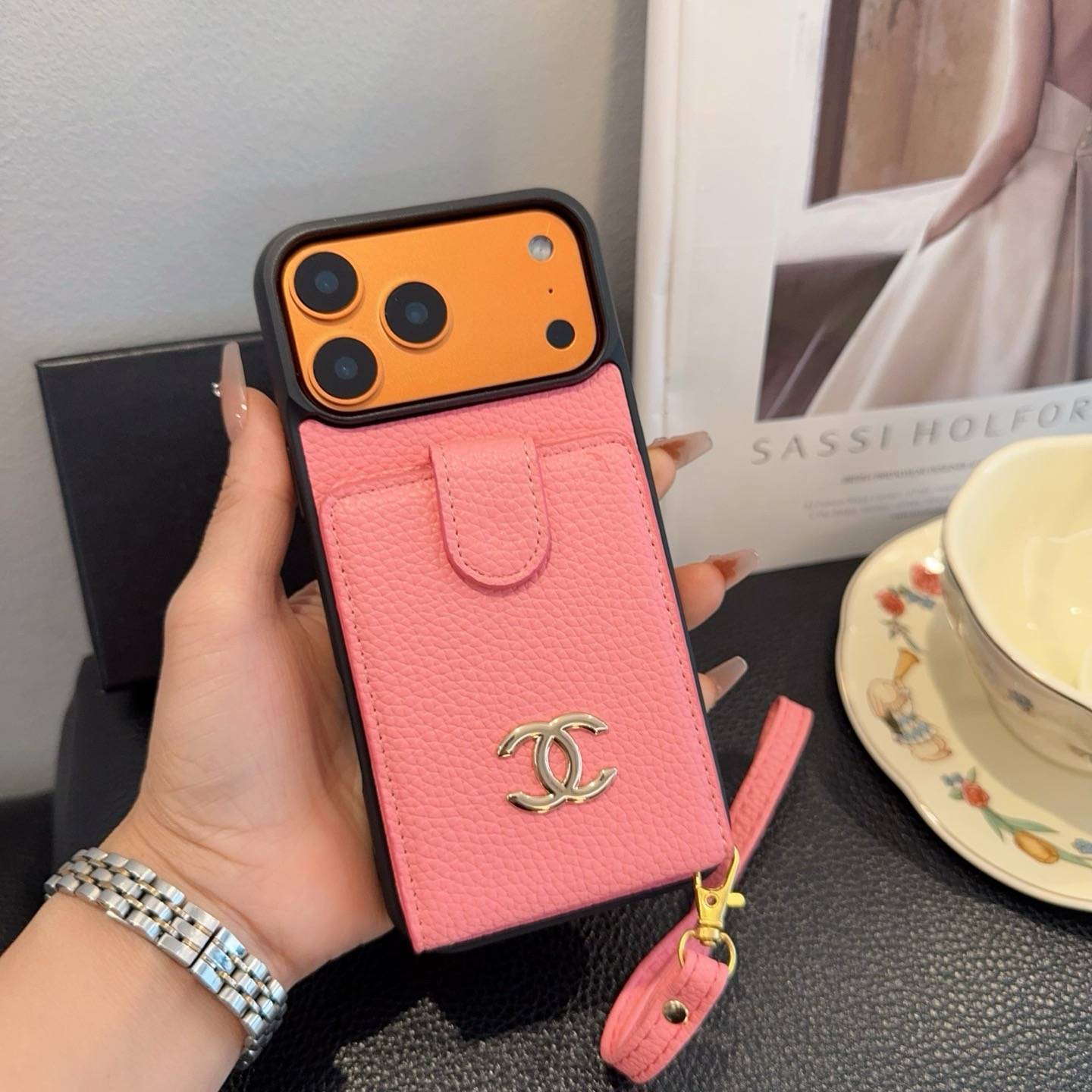 CHANEL シャネル カードケース 手帳型 マグネット 銀ロゴ ピンク ブラック - 画像 7