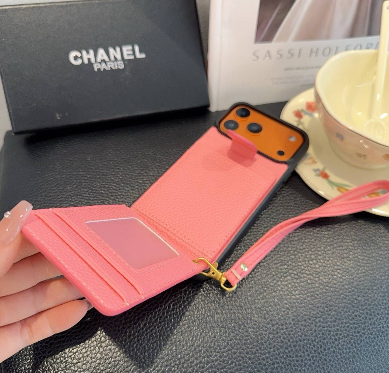 CHANEL シャネル カードケース 手帳型 マグネット 銀ロゴ ピンク ブラック - 画像 9