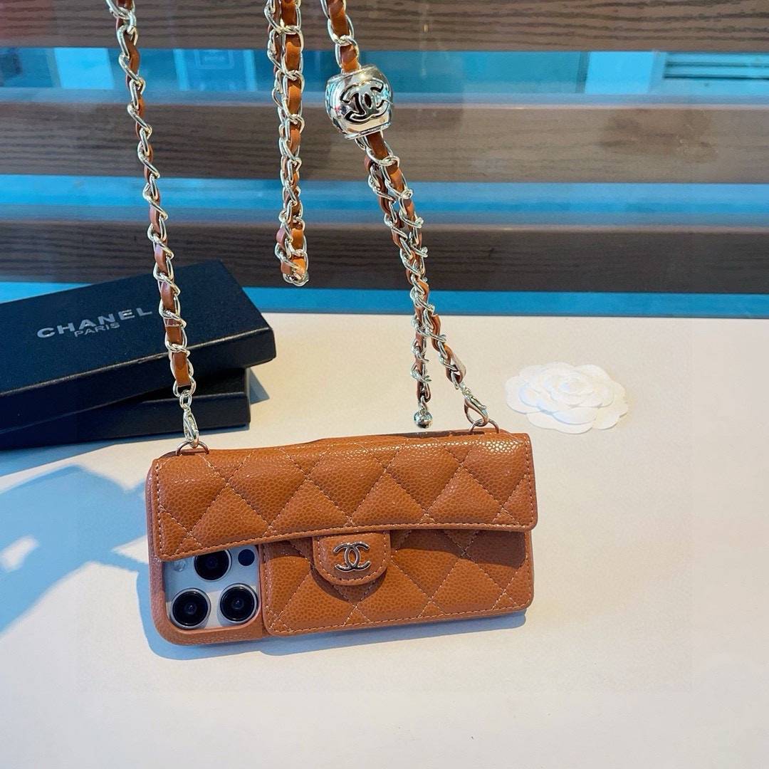 CHANEL シャネル フlipケース チェーン付き ファスナー開閉 レザー ブラック ブラウン - 画像 4