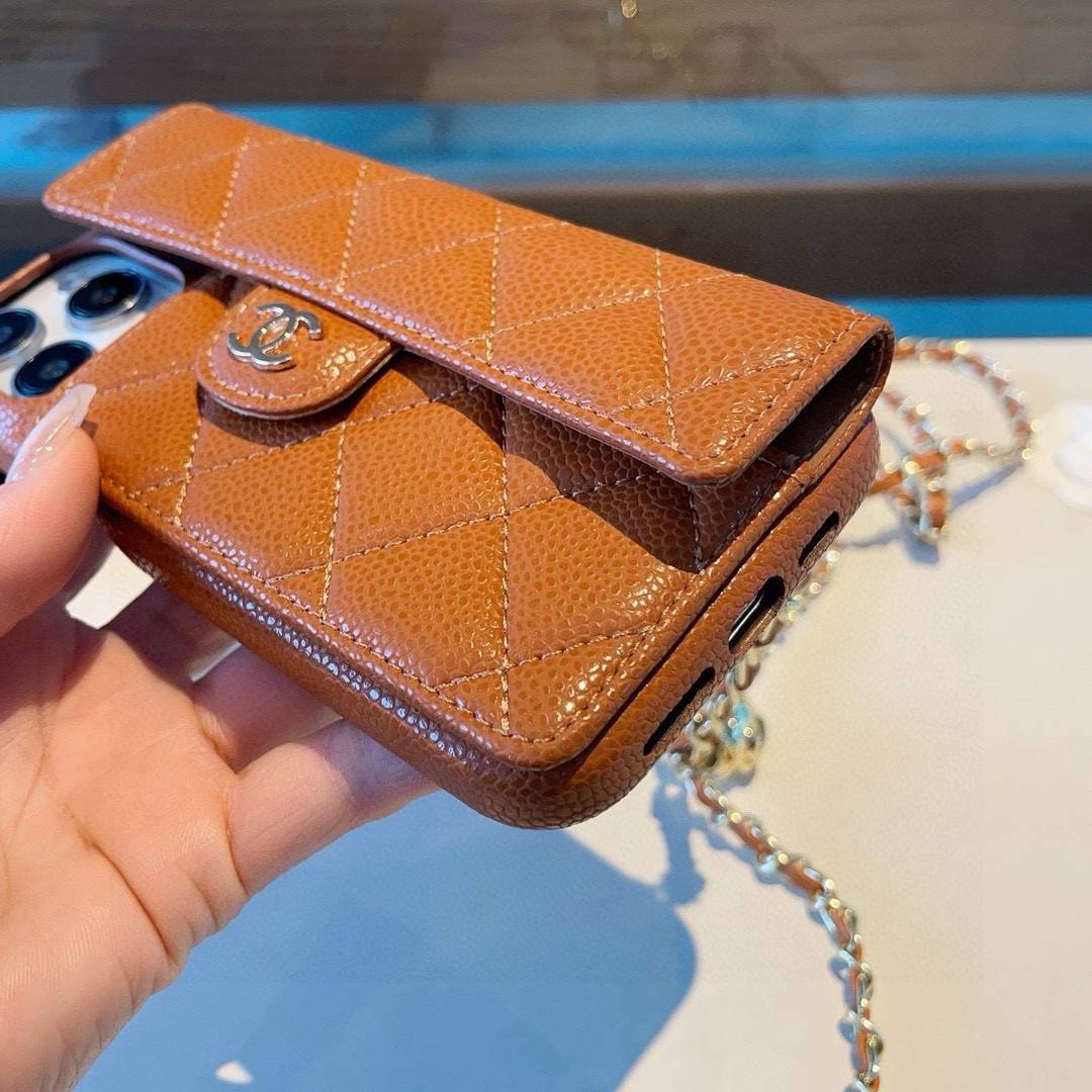 CHANEL シャネル フlipケース チェーン付き ファスナー開閉 レザー ブラック ブラウン - 画像 6
