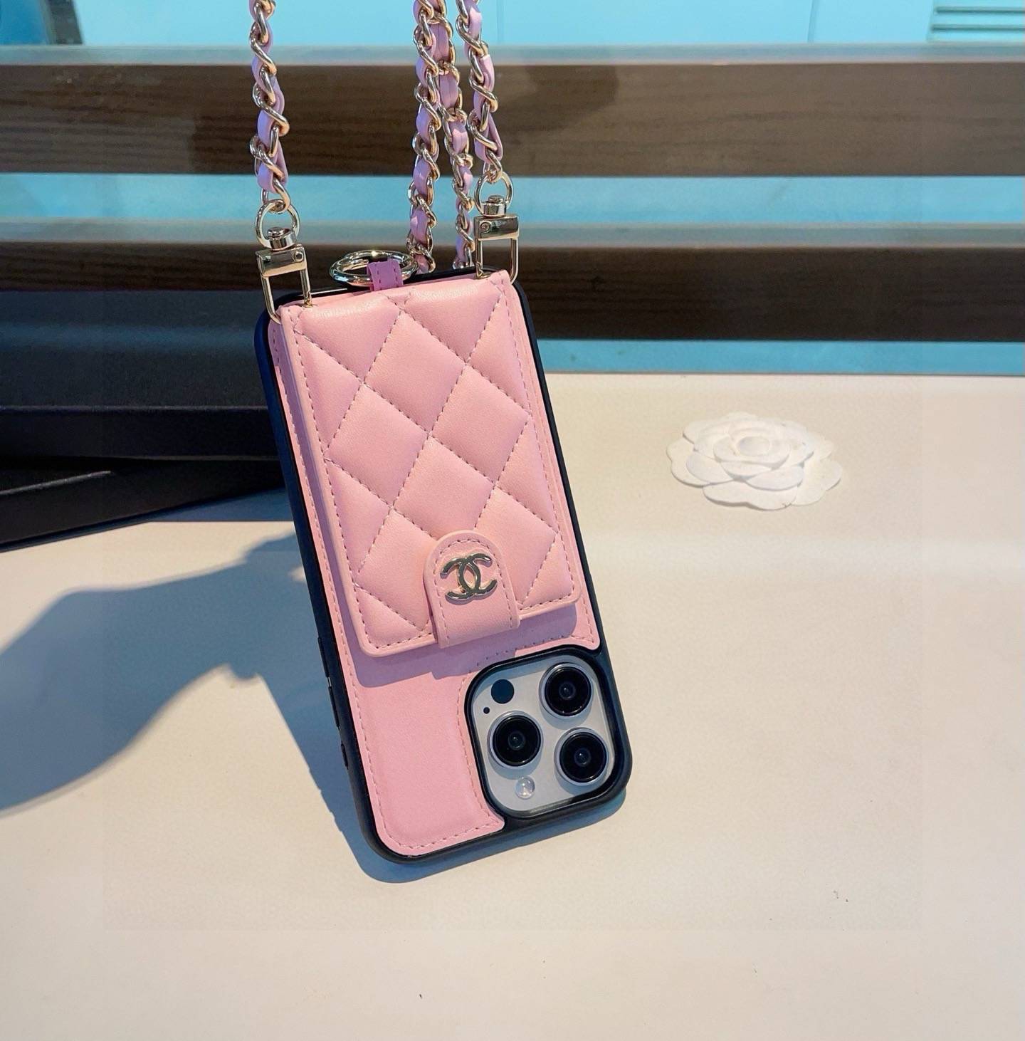 CHANEL シャネル カードケース 手帳型 ストラップ付き チェーン ポーチ ピンク - 画像 4