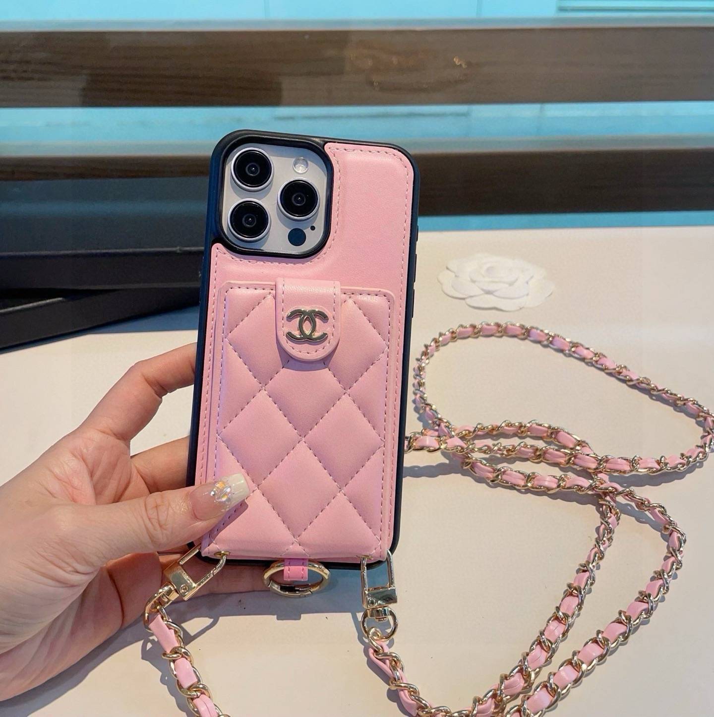 CHANEL シャネル カードケース 手帳型 ストラップ付き チェーン ポーチ ピンク - 画像 5