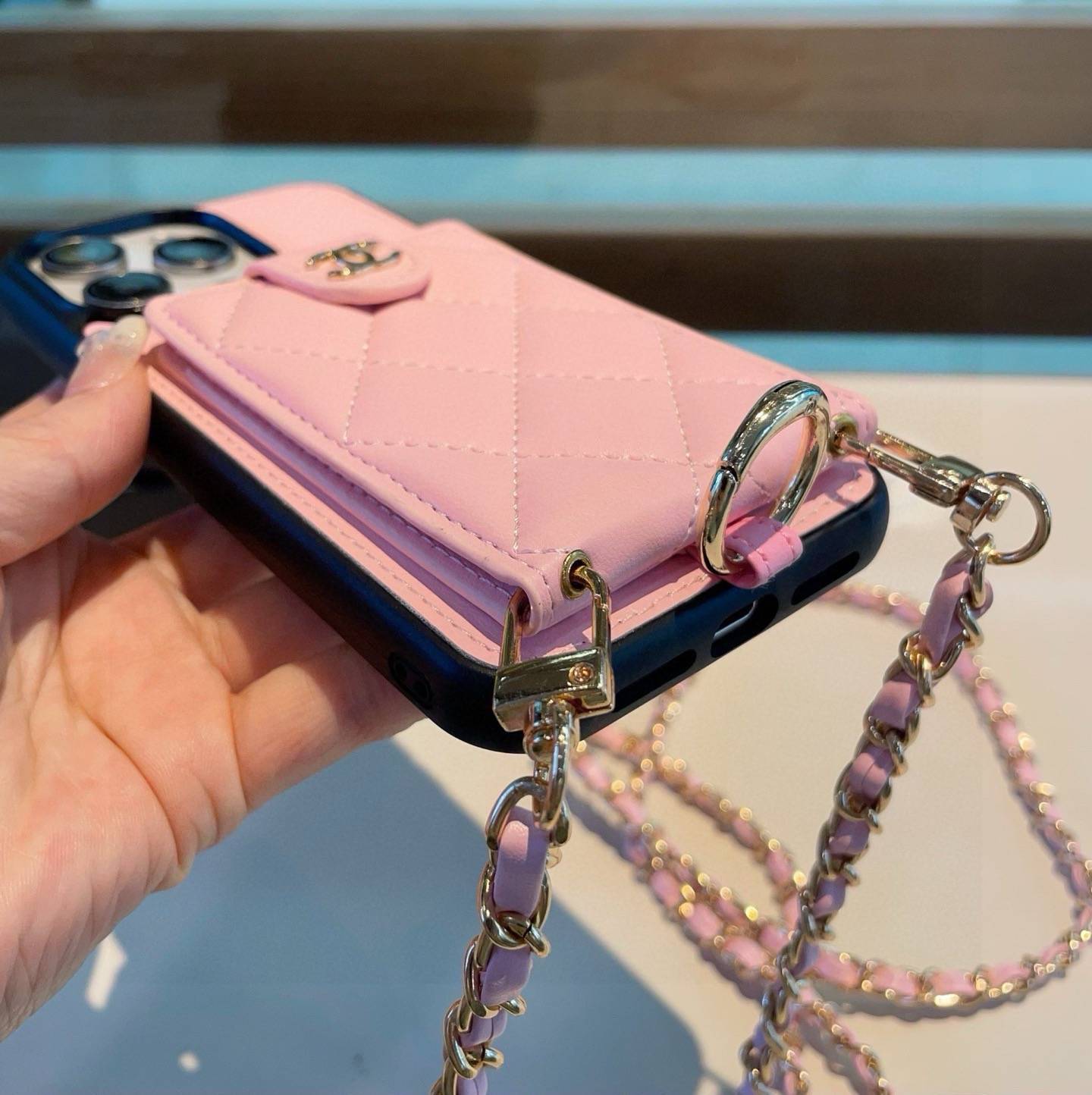 CHANEL シャネル カードケース 手帳型 ストラップ付き チェーン ポーチ ピンク - 画像 7