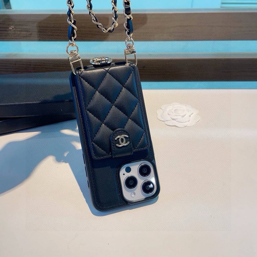 CHANEL シャネル カードケース 手帳型 チェーン付き スマホケース ブラック バイカラー - 画像 2