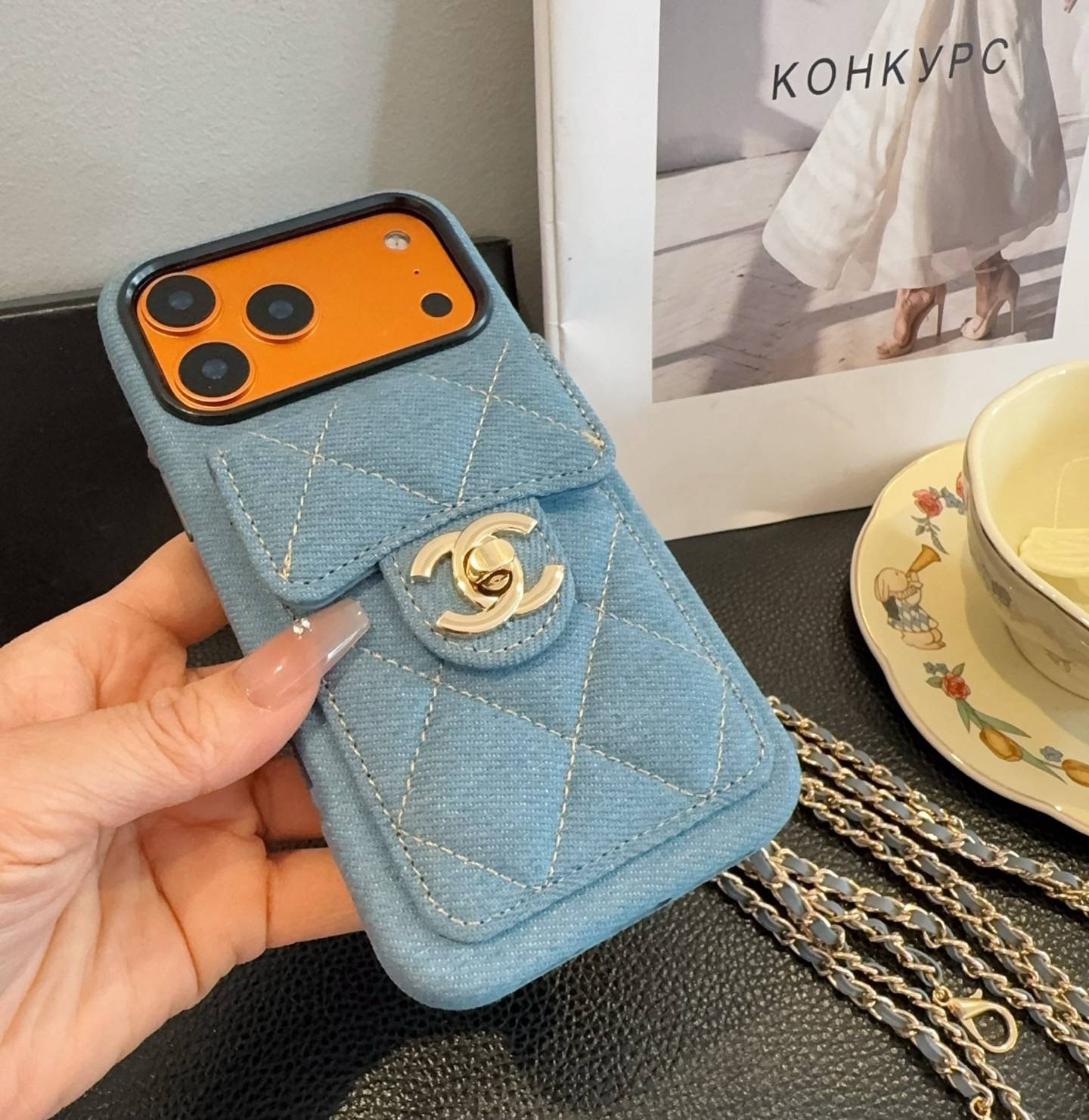 CHANEL シャネル カードケース スマホケース ダブルCCマーク ダイヤモンドステッチ ブルーデニム - 画像 4