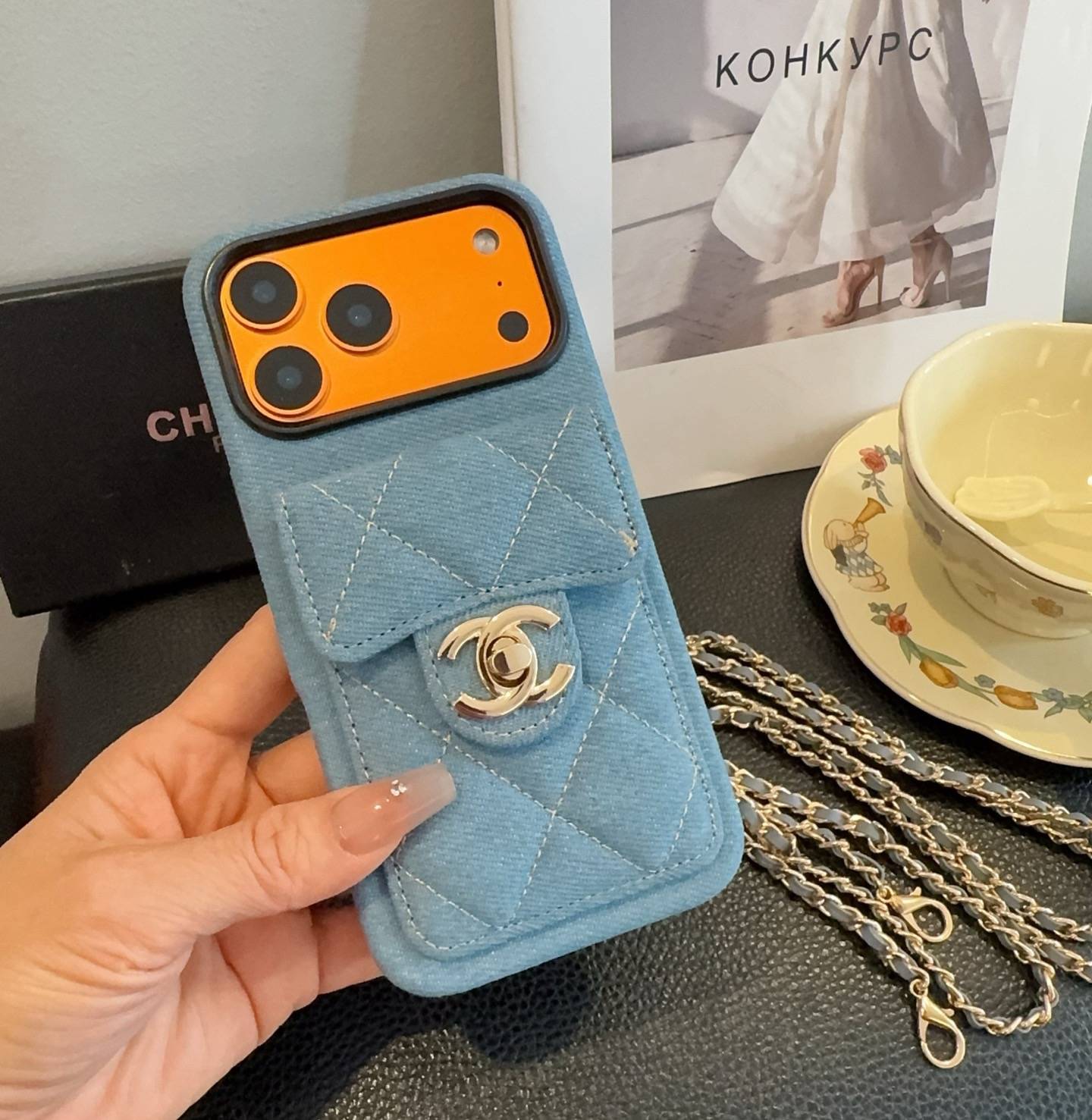 CHANEL シャネル カードケース スマホケース ダブルCCマーク ダイヤモンドステッチ ブルーデニム - 画像 5