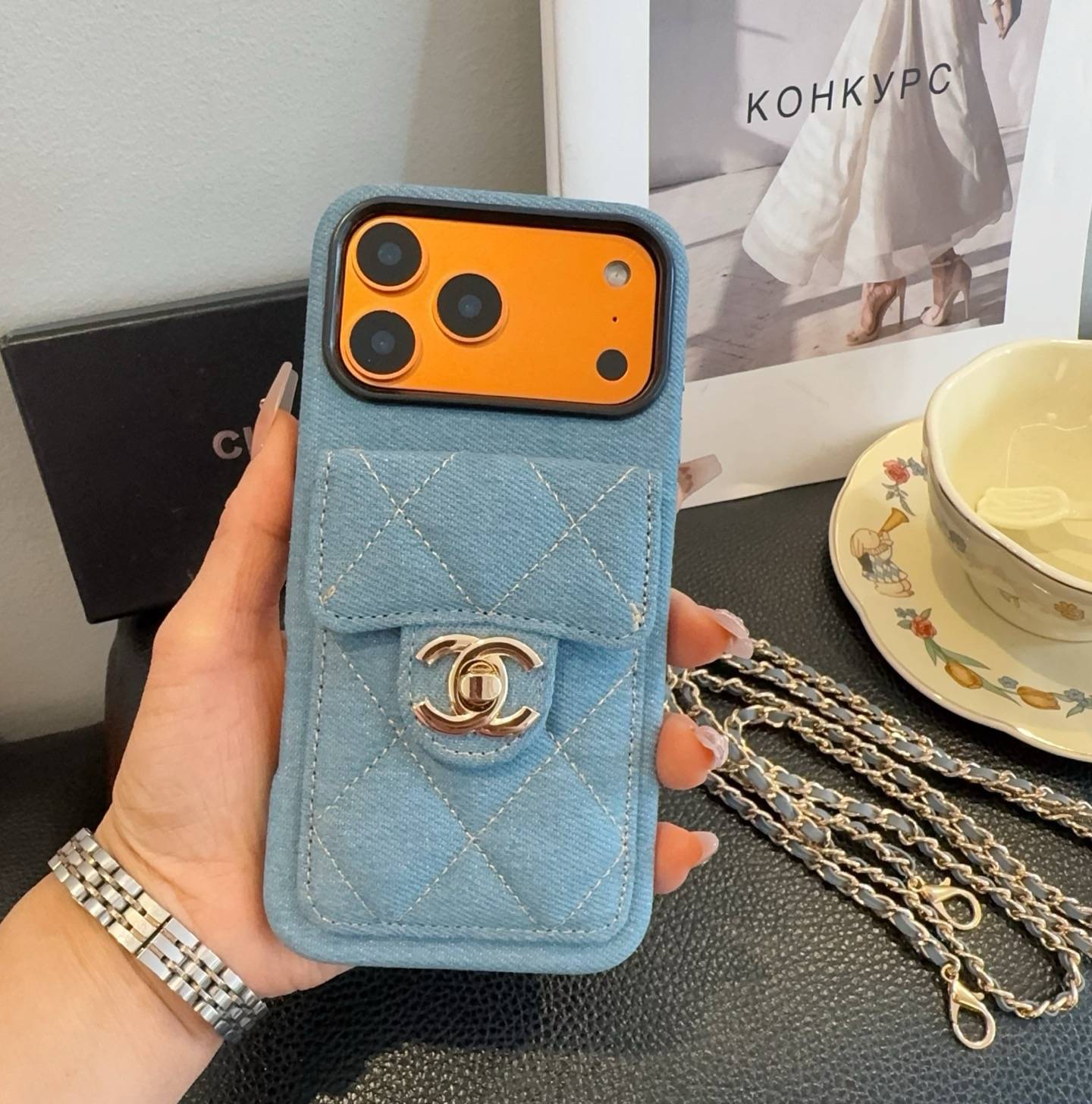 CHANEL シャネル カードケース スマホケース ダブルCCマーク ダイヤモンドステッチ ブルーデニム - 画像 8