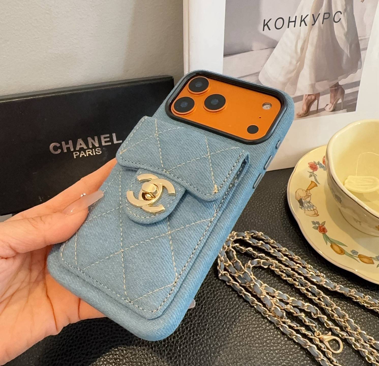 CHANEL シャネル カードケース スマホケース ダブルCCマーク ダイヤモンドステッチ ブルーデニム - 画像 9