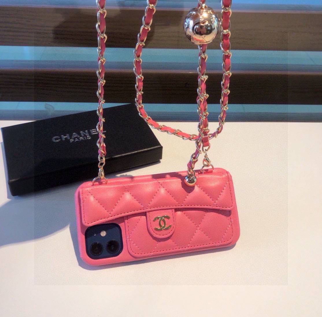 CHANEL シャネル チェーン付きスマホケース ブラック ピンク ラゲージバンド 2119 - 画像 8