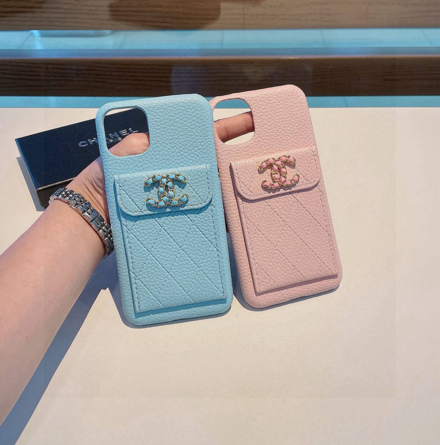 CHANEL シャネル カードケース付き手机壳 リッチレザー ツイード柄 ピンク ホワイト - 画像 5