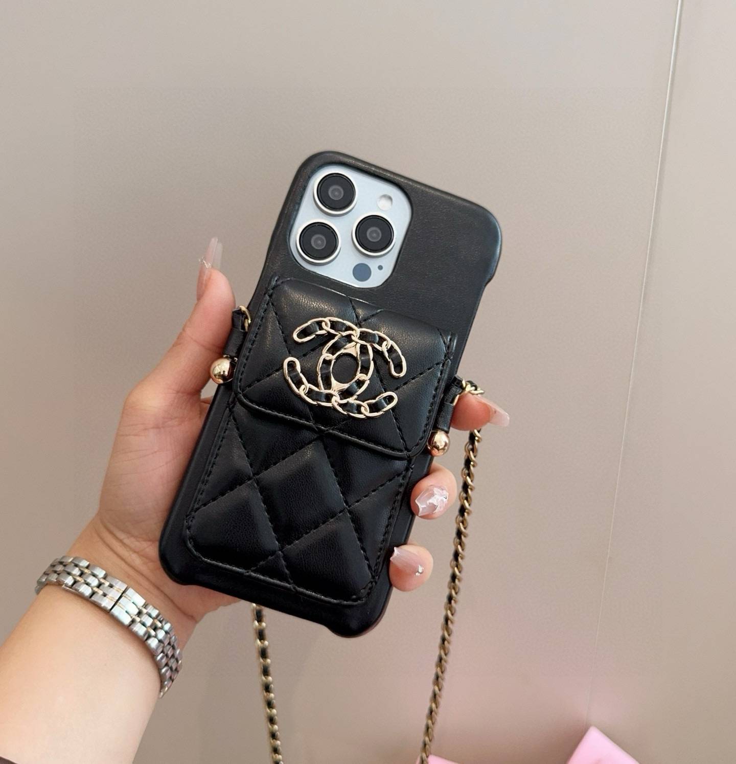 CHANEL シャネル ファッションスマホケース ツイード柄 チェーンストラップ ロゴ付き ブラック - 画像 1