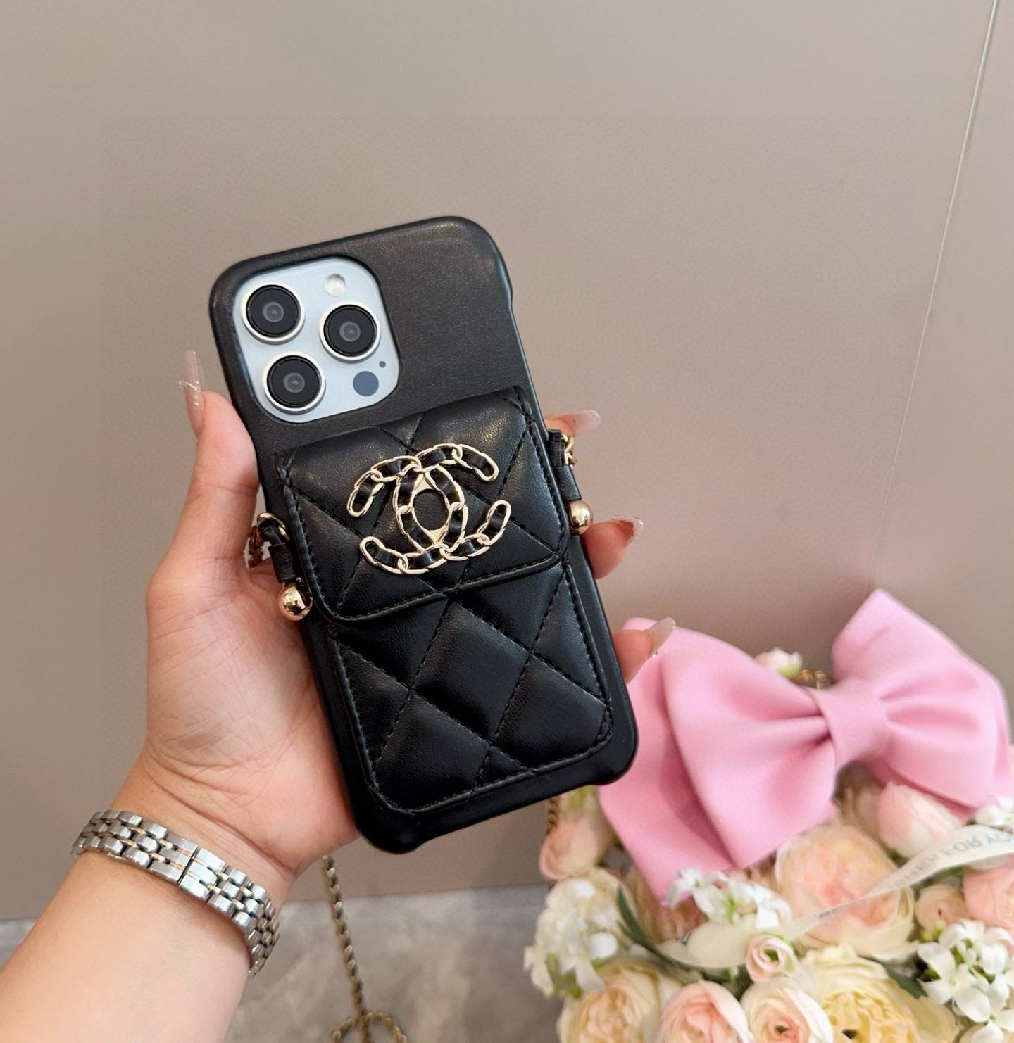 CHANEL シャネル ファッションスマホケース ツイード柄 チェーンストラップ ロゴ付き ブラック - 画像 2