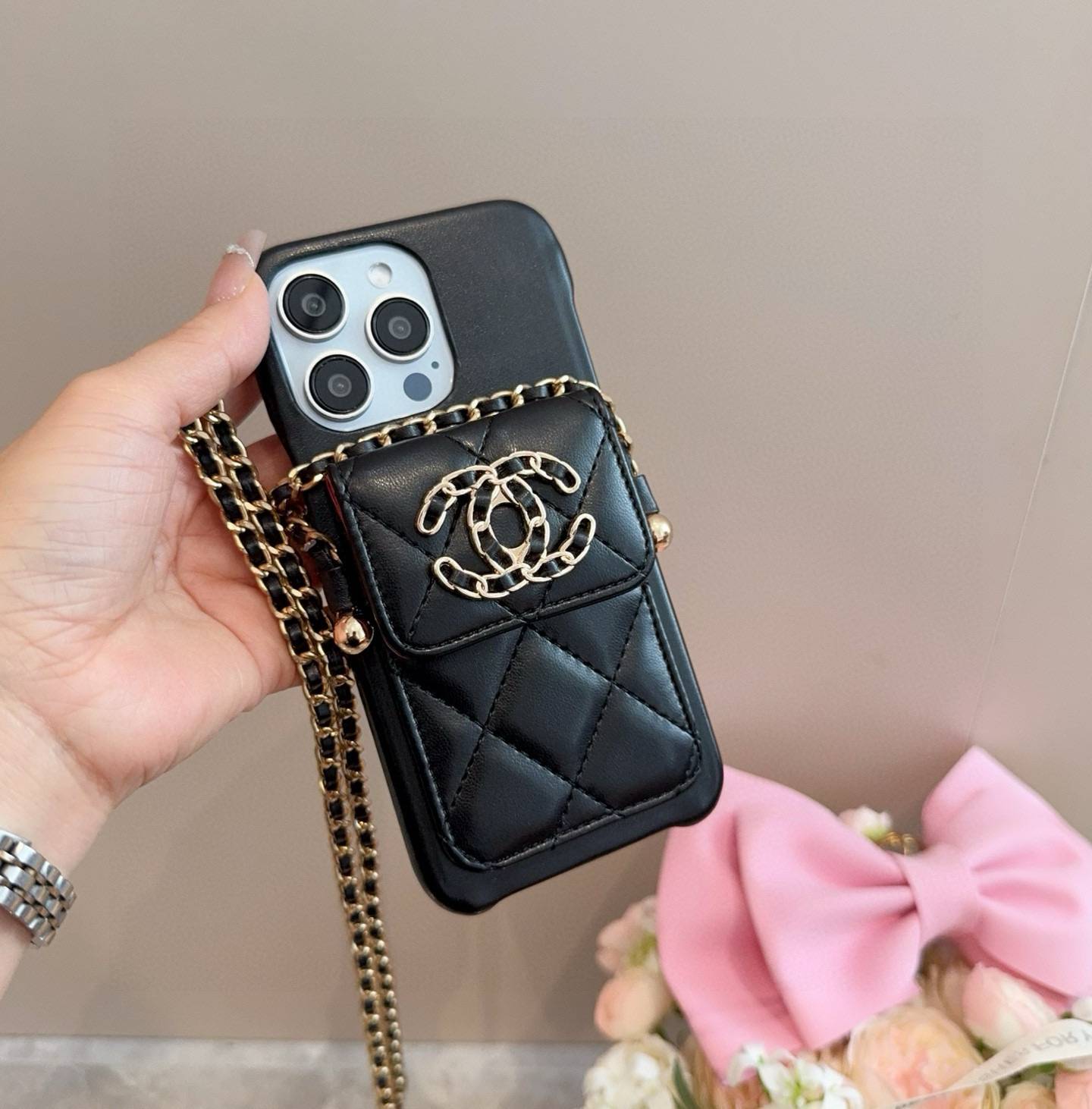 CHANEL シャネル ファッションスマホケース ツイード柄 チェーンストラップ ロゴ付き ブラック - 画像 3