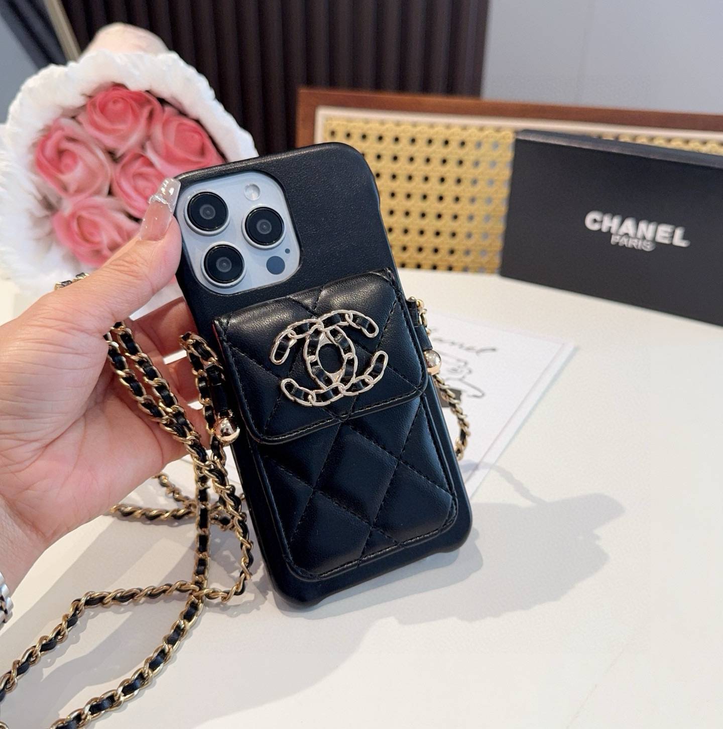 CHANEL シャネル ファッションスマホケース ツイード柄 チェーンストラップ ロゴ付き ブラック - 画像 4