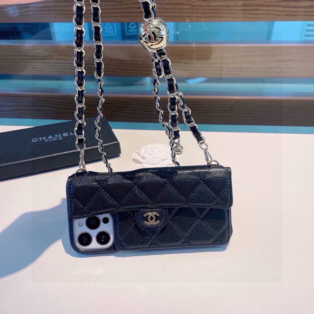 CHANEL シャネル フォンケース レザー チェーン付き フlip カードポケット ブラック