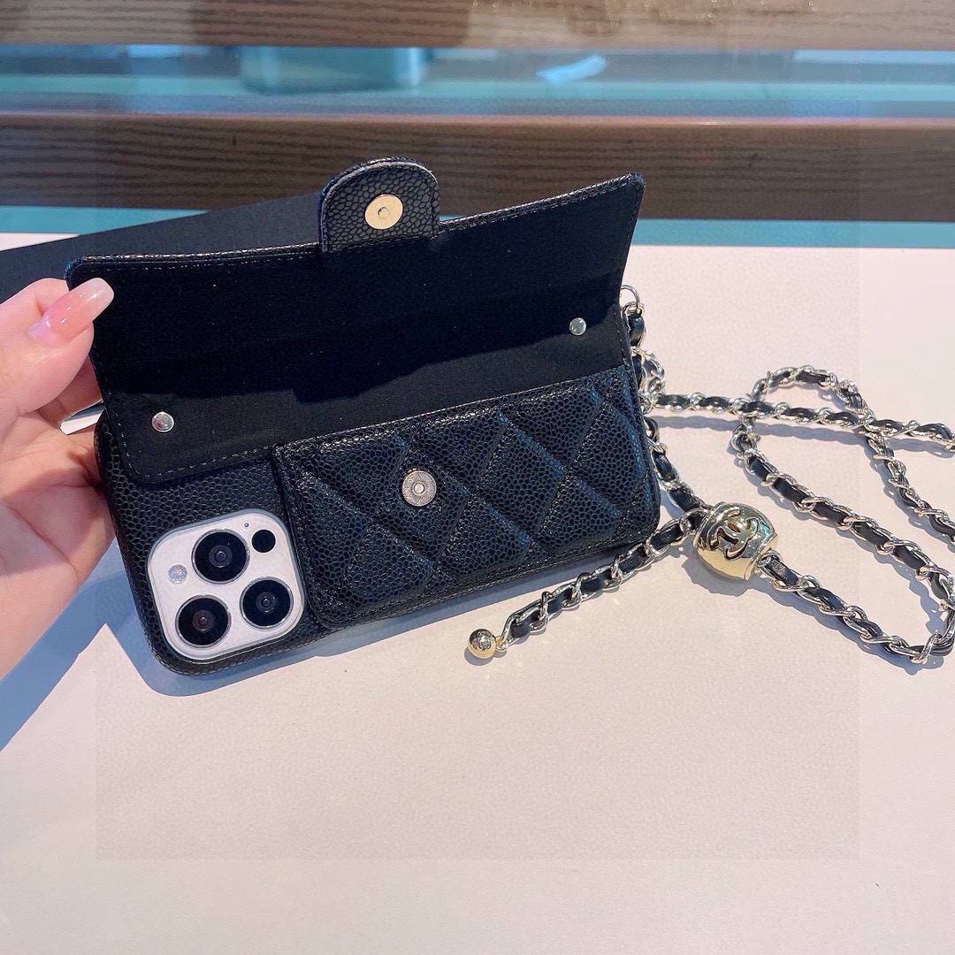 CHANEL シャネル フォンケース レザー チェーン付き フlip カードポケット ブラック - 画像 6