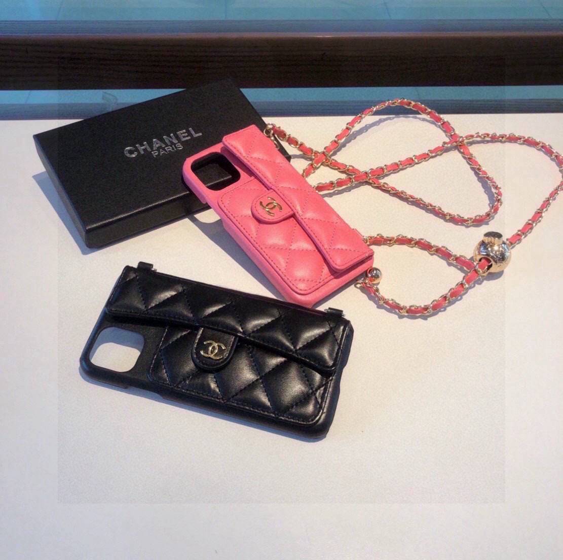 CHANEL シャネル チェーン付きスマホケース ラインストーン ファッション シャネル風 ピンク ブラック - 画像 2