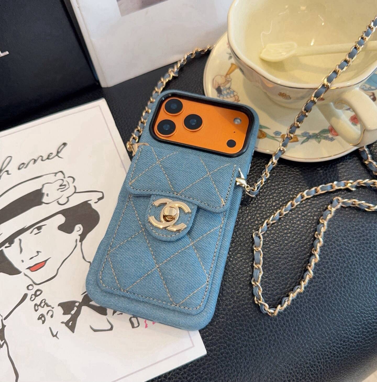 CHANEL シャネル カードケース 手帳型 スマホケース シャネル ダイヤモンドステッチ チェーン付き ブルーデニム - 画像 3