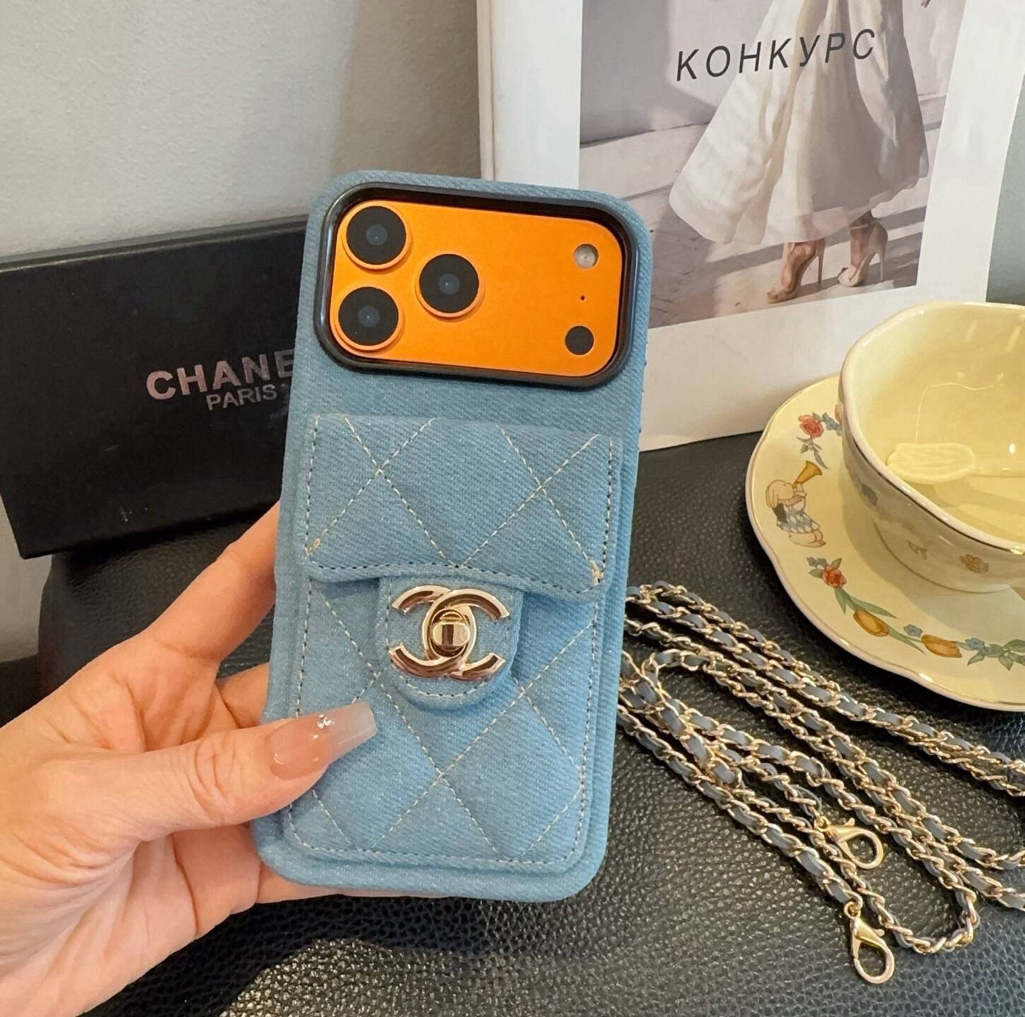 CHANEL シャネル カードケース 手帳型 スマホケース シャネル ダイヤモンドステッチ チェーン付き ブルーデニム - 画像 6