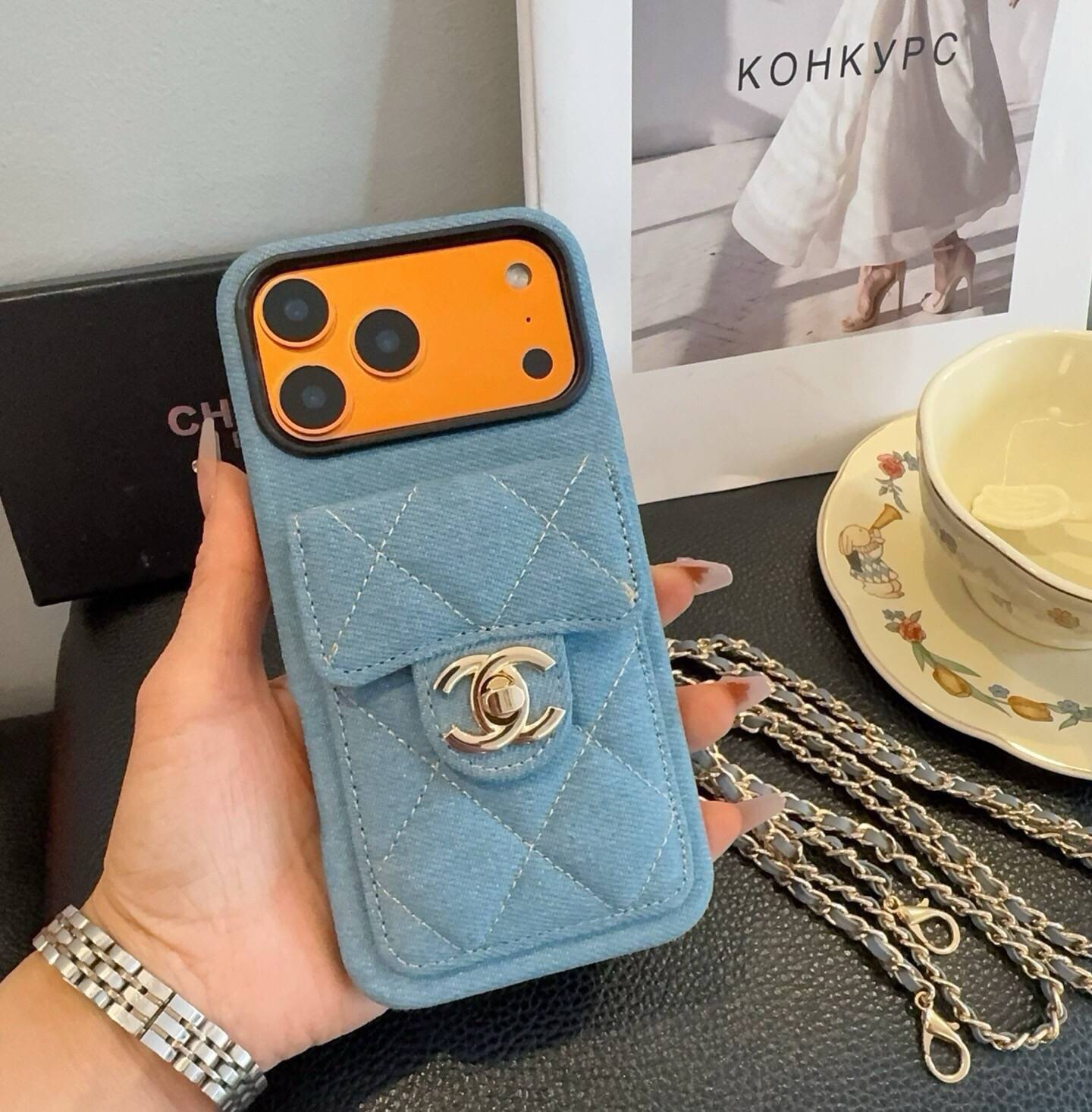 CHANEL シャネル カードケース 手帳型 スマホケース シャネル ダイヤモンドステッチ チェーン付き ブルーデニム - 画像 7