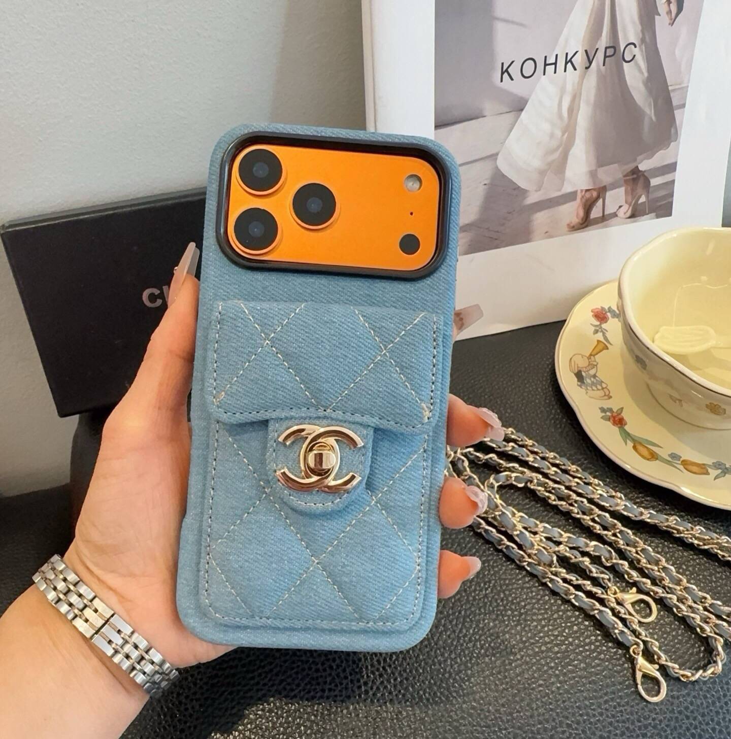 CHANEL シャネル カードケース 手帳型 スマホケース シャネル ダイヤモンドステッチ チェーン付き ブルーデニム - 画像 8