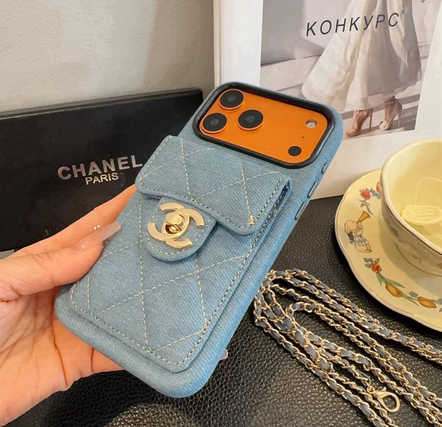 CHANEL シャネル カードケース 手帳型 スマホケース シャネル ダイヤモンドステッチ チェーン付き ブルーデニム - 画像 9