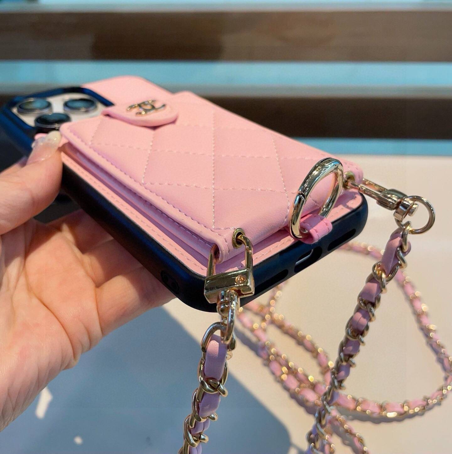 CHANEL シャネル カードケース付きスマホケース ロゴTシャツ ココマーク クルーネック バイカラー ピンク - 画像 6