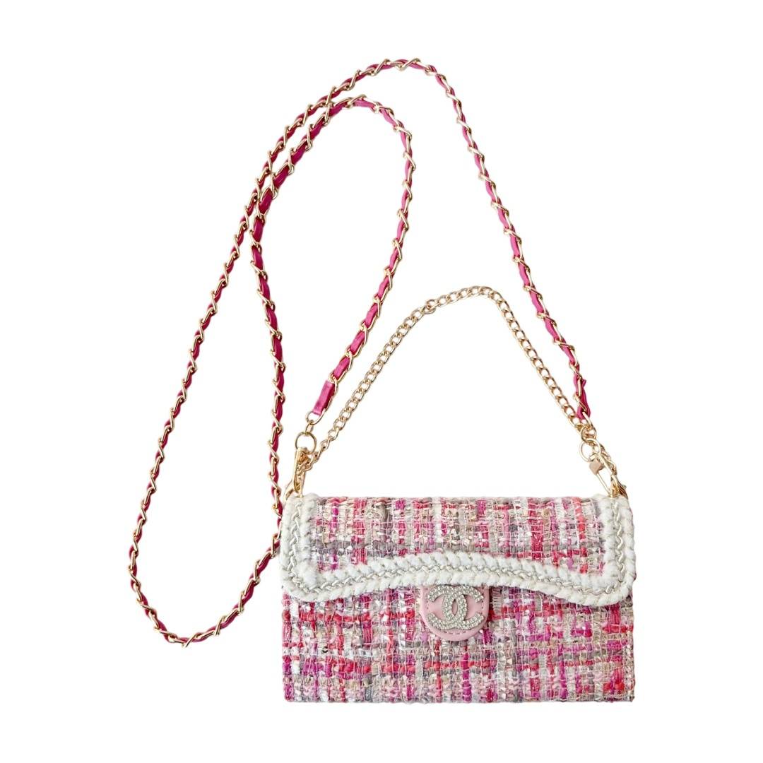 CHANEL シャネル チェック柄 三つ折りスマホケース バイカラー ファッション ブラック ピンク ゴールド