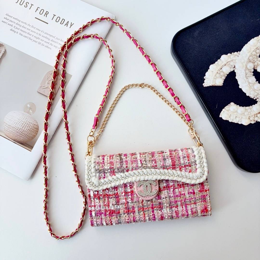 CHANEL シャネル チェック柄 三つ折りスマホケース バイカラー ファッション ブラック ピンク ゴールド - 画像 4