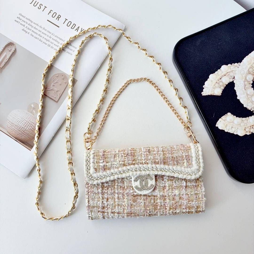 CHANEL シャネル チェック柄 三つ折りスマホケース バイカラー ファッション ブラック ピンク ゴールド - 画像 5