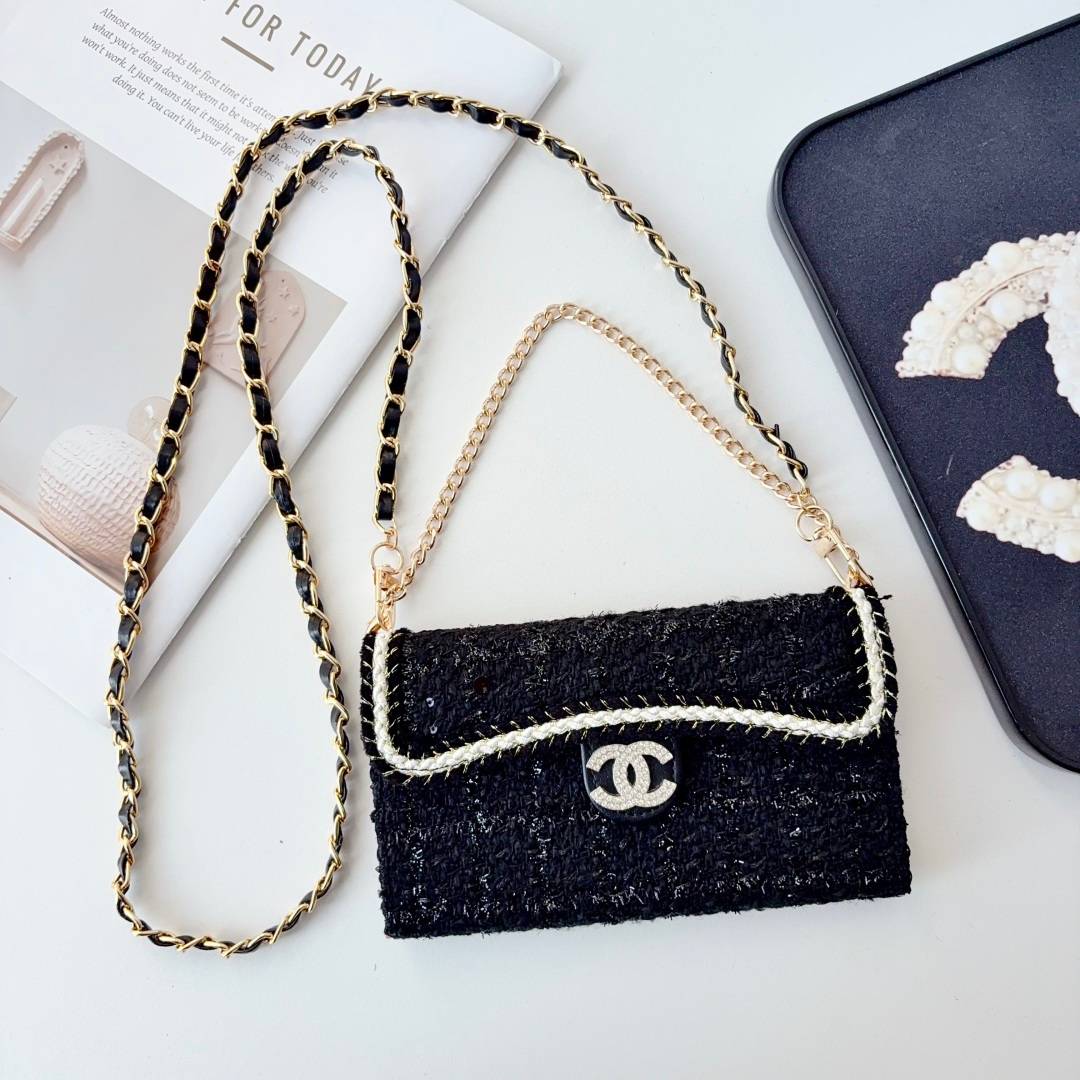 CHANEL シャネル チェック柄 三つ折りスマホケース バイカラー ファッション ブラック ピンク ゴールド - 画像 6