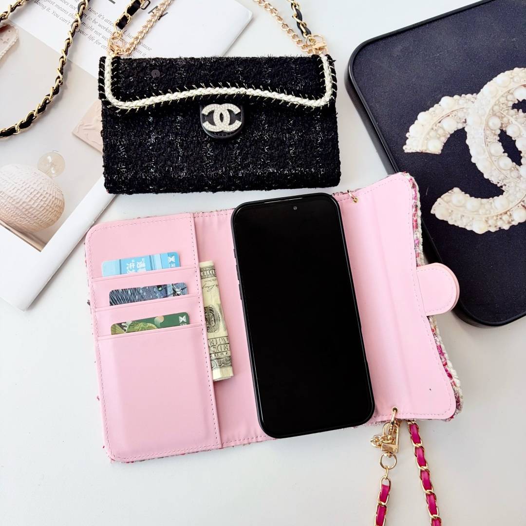 CHANEL シャネル チェック柄 三つ折りスマホケース バイカラー ファッション ブラック ピンク ゴールド - 画像 8