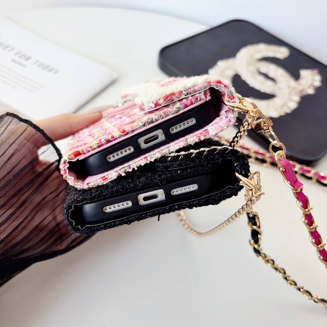 CHANEL シャネル チェック柄 三つ折りスマホケース バイカラー ファッション ブラック ピンク ゴールド - 画像 11