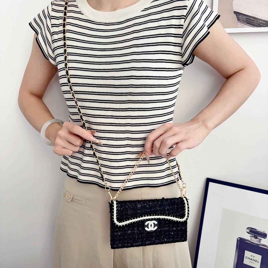 CHANEL シャネル チェック柄 三つ折りスマホケース バイカラー ファッション ブラック ピンク ゴールド - 画像 13