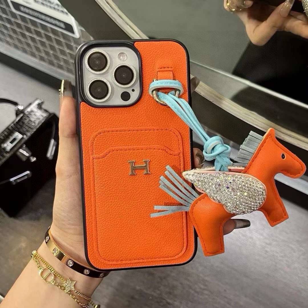 Hermes ヘルメス iPhone 18シリーズ対応 iPhoneケース スマホケース レディース ロゴ カード収納付き 手帳型 オレンジ - 画像 3