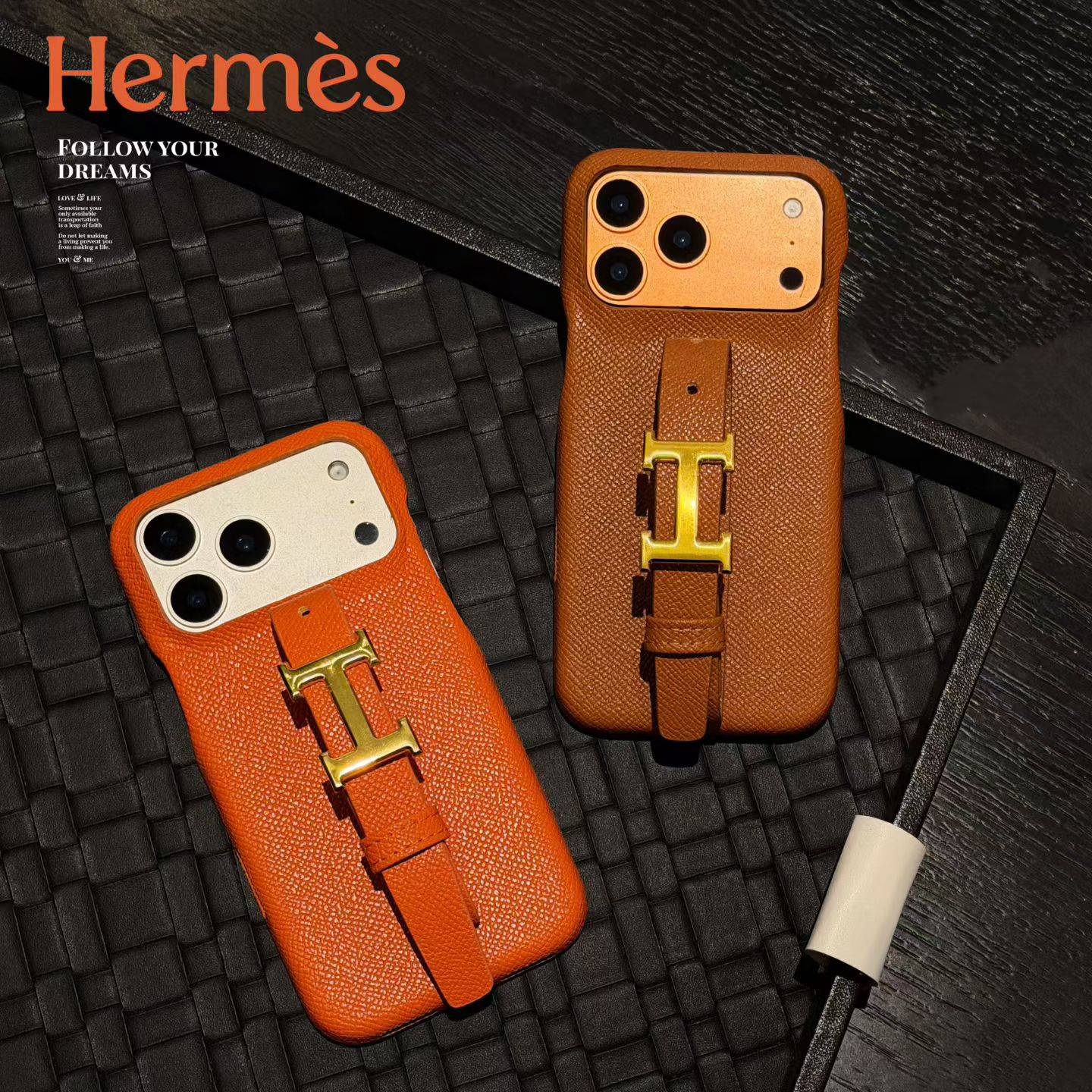 Herms ヘルメス iPhone 18シリーズ対応 iPhoneケース スマホケース レディース ロゴ入り ブラック オレンジ ピンク - 画像 3