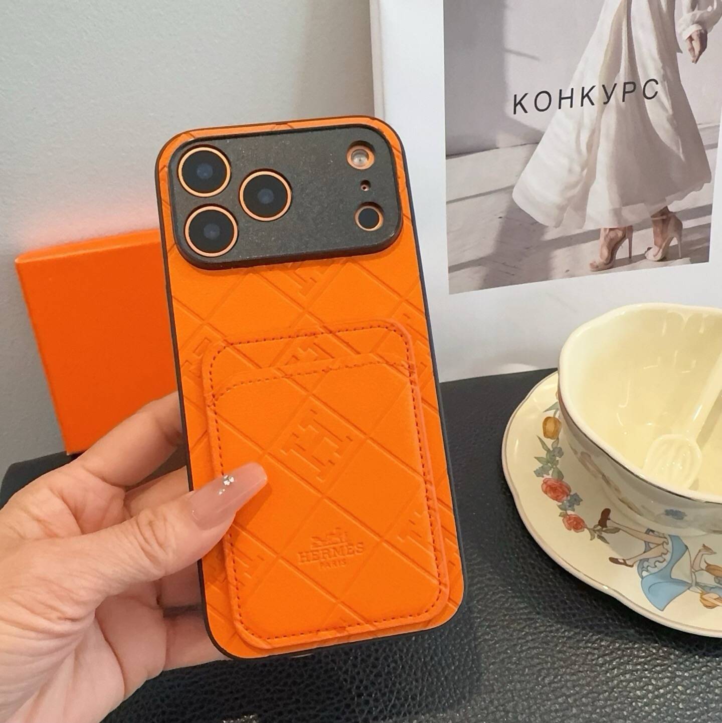 HERMES アイフォンケース スマホケース iPhone 18シリーズ対応 レディース カード収納付き ロゴ ダイヤモンド柄 オレンジ - 画像 7