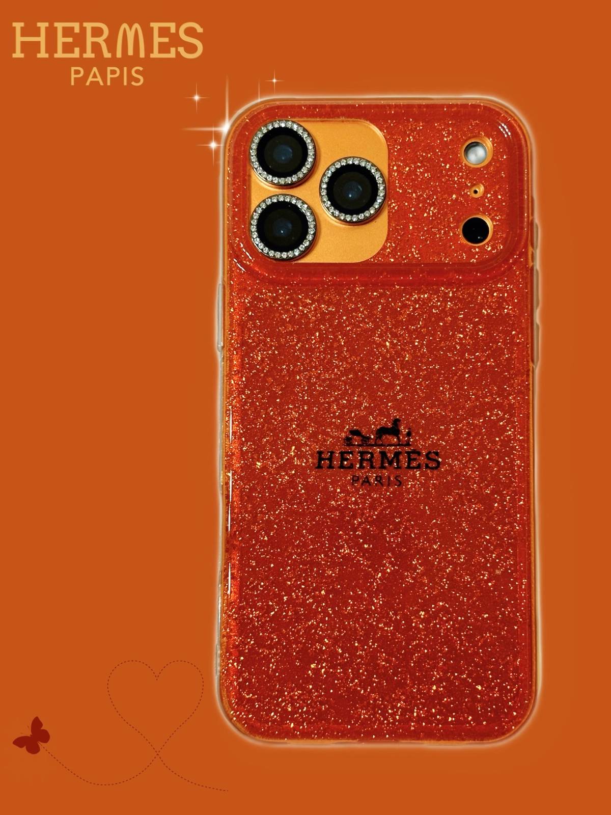 HERMES ヘルメス iPhone 18シリーズ対応 iPhoneケース スマホケース レディース ロゴ入り オレンジ 金箔スパークル
