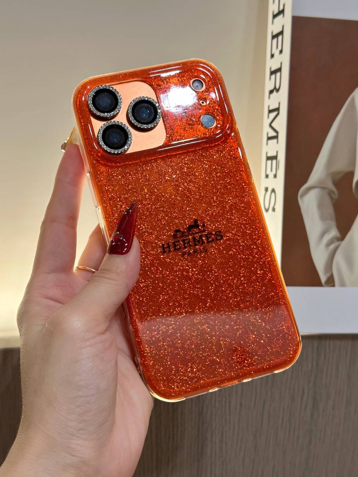 HERMES ヘルメス iPhone 18シリーズ対応 iPhoneケース スマホケース レディース ロゴ入り オレンジ 金箔スパークル - 画像 2