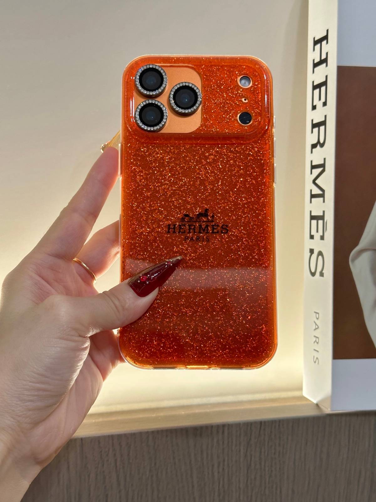 HERMES ヘルメス iPhone 18シリーズ対応 iPhoneケース スマホケース レディース ロゴ入り オレンジ 金箔スパークル - 画像 3