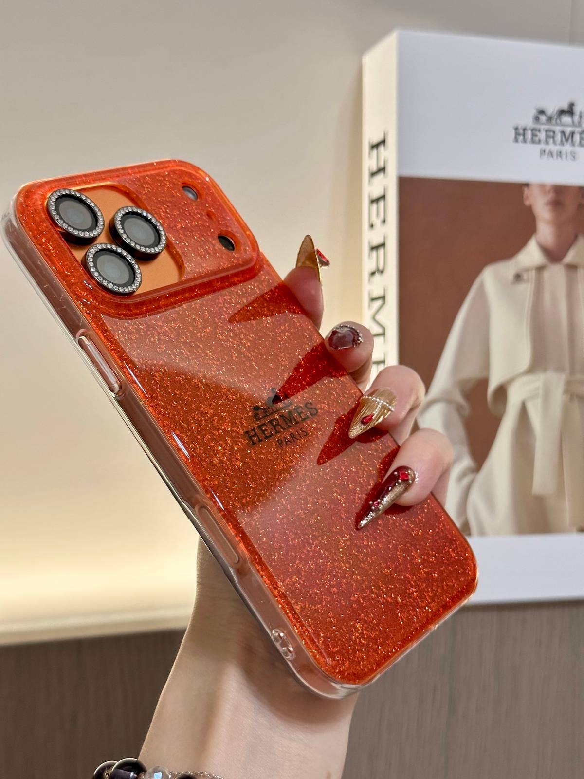 HERMES ヘルメス iPhone 18シリーズ対応 iPhoneケース スマホケース レディース ロゴ入り オレンジ 金箔スパークル - 画像 4