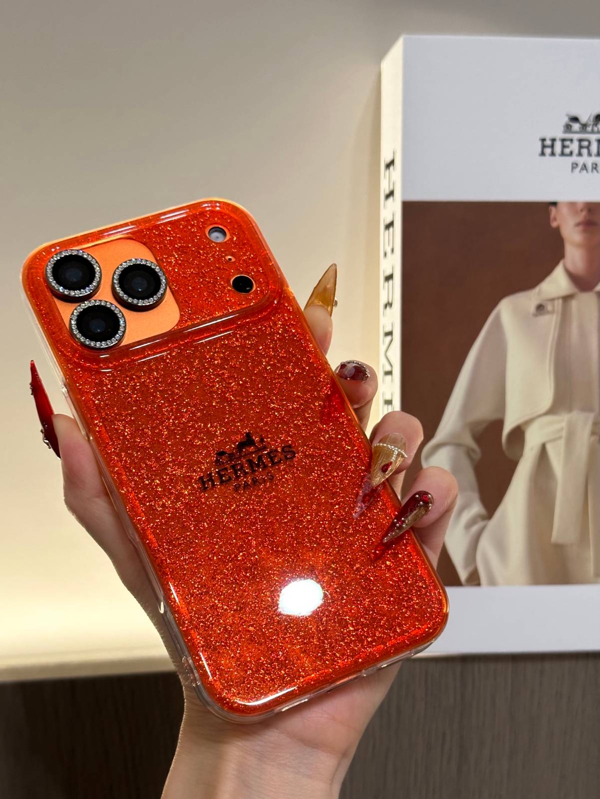 HERMES ヘルメス iPhone 18シリーズ対応 iPhoneケース スマホケース レディース ロゴ入り オレンジ 金箔スパークル - 画像 5
