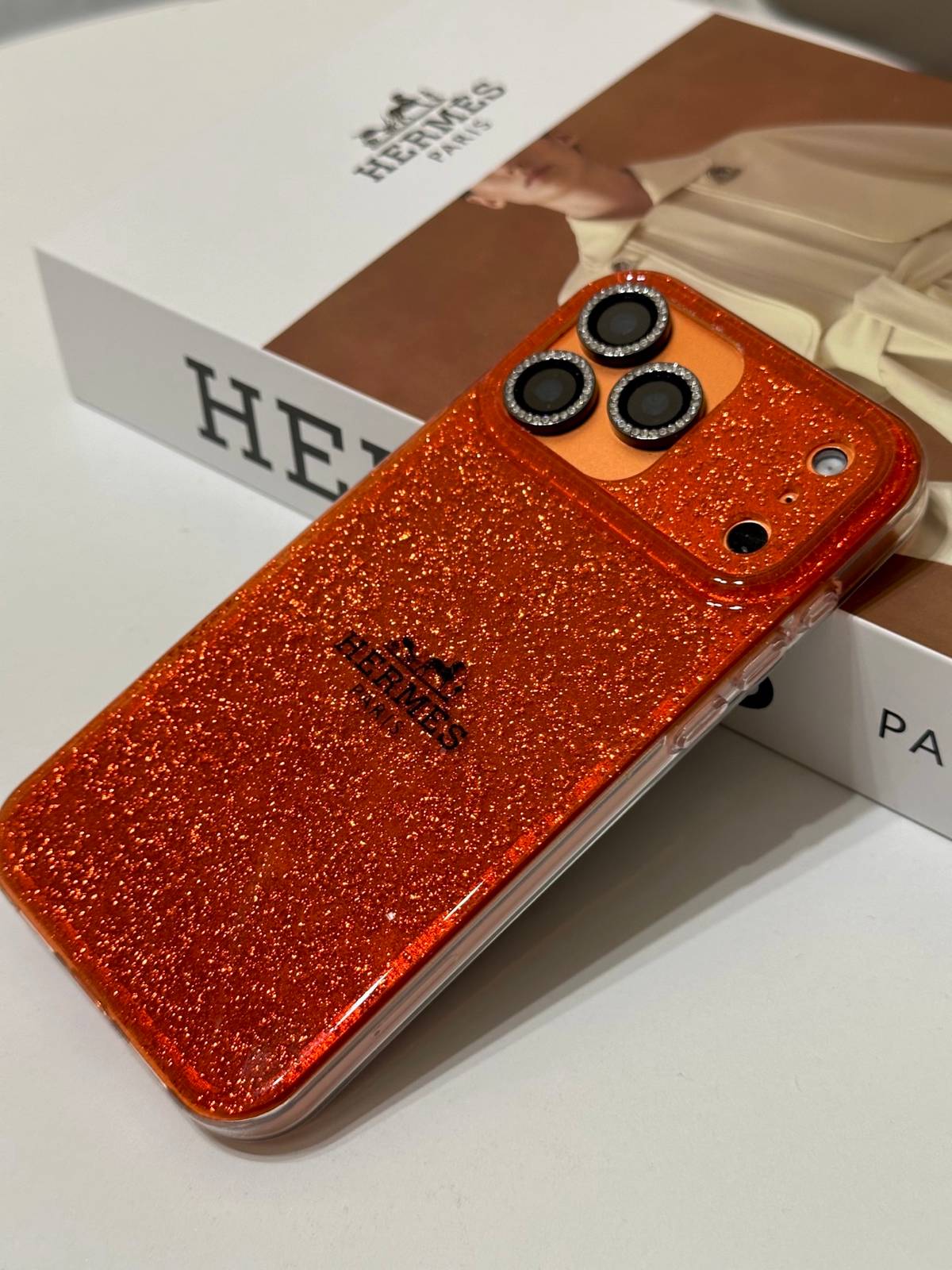 HERMES ヘルメス iPhone 18シリーズ対応 iPhoneケース スマホケース レディース ロゴ入り オレンジ 金箔スパークル - 画像 7