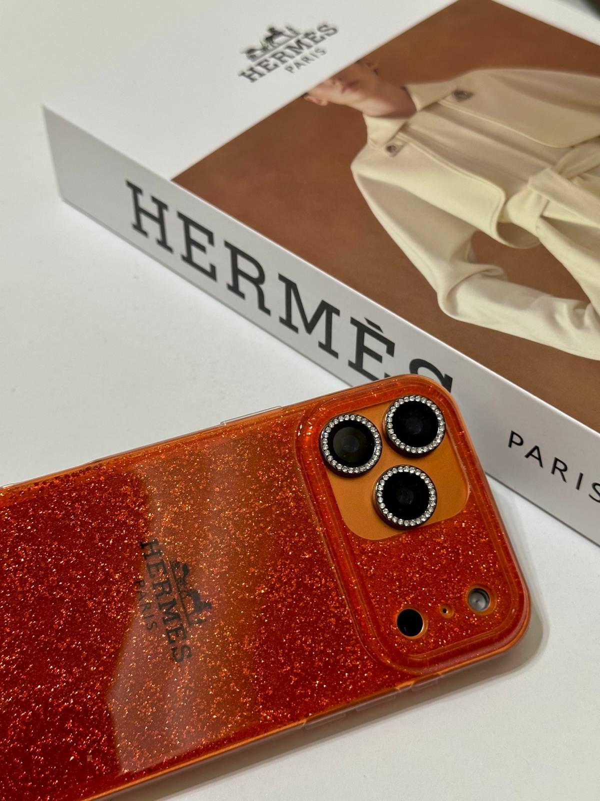 HERMES ヘルメス iPhone 18シリーズ対応 iPhoneケース スマホケース レディース ロゴ入り オレンジ 金箔スパークル - 画像 9